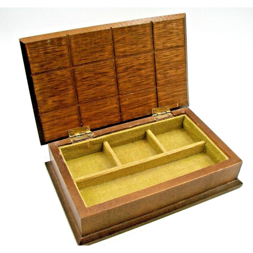 Vintage Carved Wooden Jewelry Box Green Felt Lined Hinged Lid Box Square Design